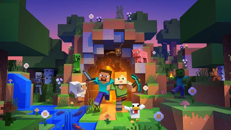 Imagem de divulgação de Minecraft mostram Steve e Alex ao centro saindo de um portal roxo junto com um porco e uma galinha