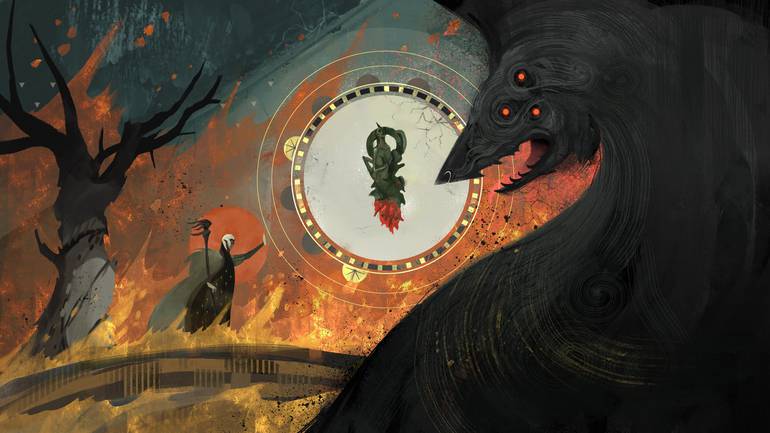 Arte conceitual de Dragon Age: Dreadwolf. A imagem possui uma figura monstruosa que lembra um lobo à direita, e a esqueda um personagem de feição pálida segura um cajado. Ao centro, uma figura misteriosa de cabelos vermelhos sobrevoa o chão, contornada por um círculo branco. 