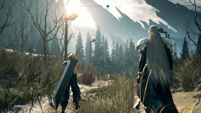 Cena do trailer de Final Fantasy VII Rebirth mostra Cloud e Sephiroth caminhando juntos em uma área deserta