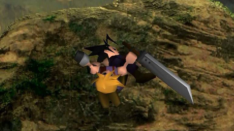 Imagem de Final Fantasy 7 da cena em Zack morre e dá para Cloud a Buster Sword
