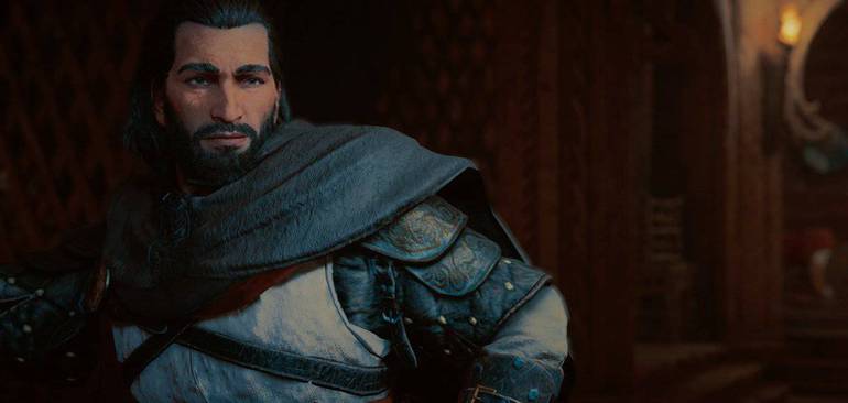 Cena de Assassin's Creed Valhalla mostra Basim, um assassino do Oriente Médio. Ele tem pele marrom e cabelos pretos e, nessa imagem, seu rosto é mostrado por completo.