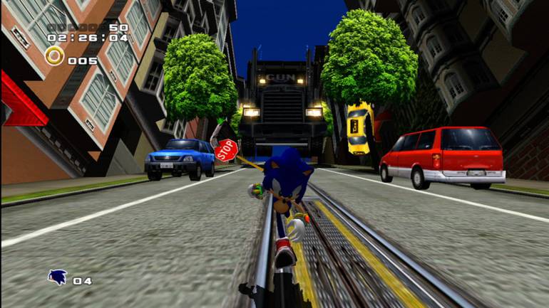 Sonic correndo pela cidade em Adventure.