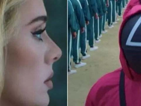 A cantora Adele e a série Round 6, da Netflix (Reprodução/Montagem Omelete)