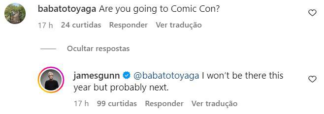 James Gunn respondendo a fã no Instagram