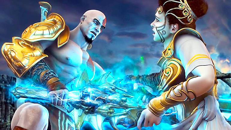 Imagem de God of War 2, quando Athena se sacrifica para salvar Zeus e morre atacada por Kratos