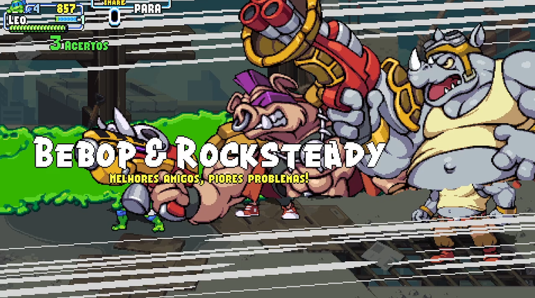 Imagem de gameplay de Tartarugas Ninja Shredder's Revenge, da tela de apresentação de chefes. Quase todos os vilões conhecidos da franquia estão no jogo, como na imagem acima, Bebop e Rocksteady.
