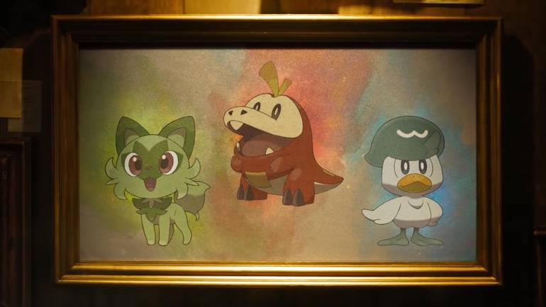 Imagem divulgada no trailer de Pokémon Scarlet e Violet mostra os iniciais Springatito, Fuecoco e Quaxly.