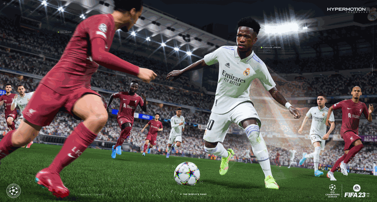 Imagem de divulgação de FIFA 23, com Vini Jr, destando a nova tecnologia HyperMotion2