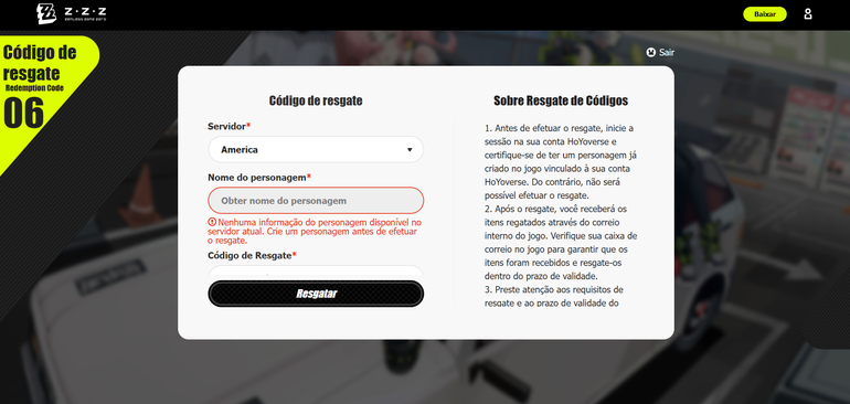 imagem do site de resgate de códigos de zzz