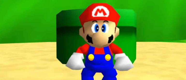 Imagem de Super Mario 64 mostra o encanador bigodudo na frente de um cano verde que sai do chão