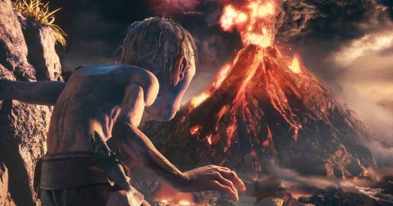 Cena do trailer de The Lord of the Rings: Gollum mostra a criatura, de costas, encarando um vulcão em erupção