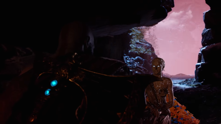 Imagem de gameplay de God of War (2018), cena com Kratos no barco e o fantasma de Athena na frente do protagonista