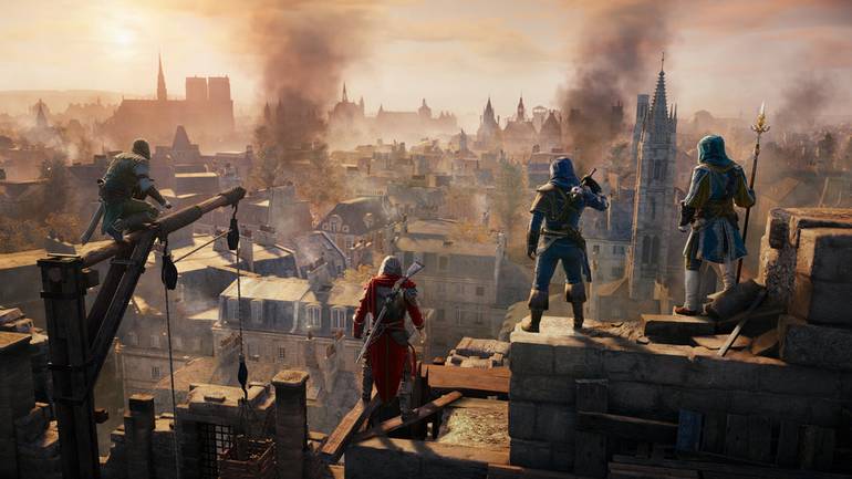 Personagens de Assassin's Creed em cima de casas na França