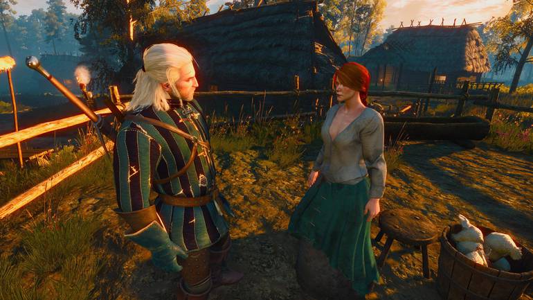 Geralt fala com camponesa.