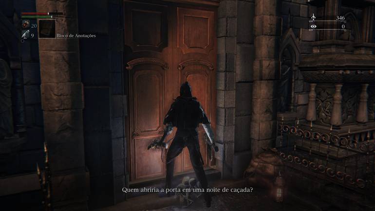 Protagonista de Bloodborne fala com morador.