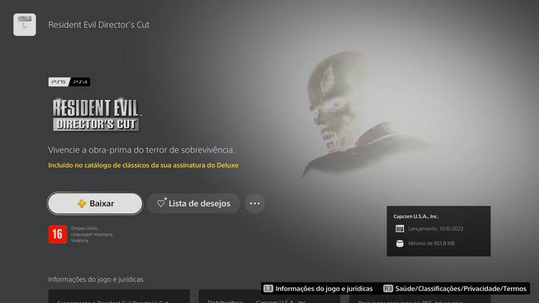 Capa do Director's Cut no menu do PS5.