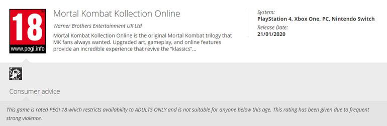 Imagem da classificação etária de Mortal Kombat Kollection Online