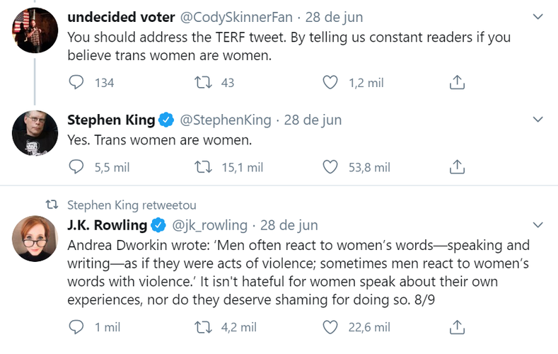 Tweets de Stephen King e J.K. Rowling