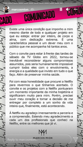Marcos Mion publica nota sobre fim de parceria com a Netflix