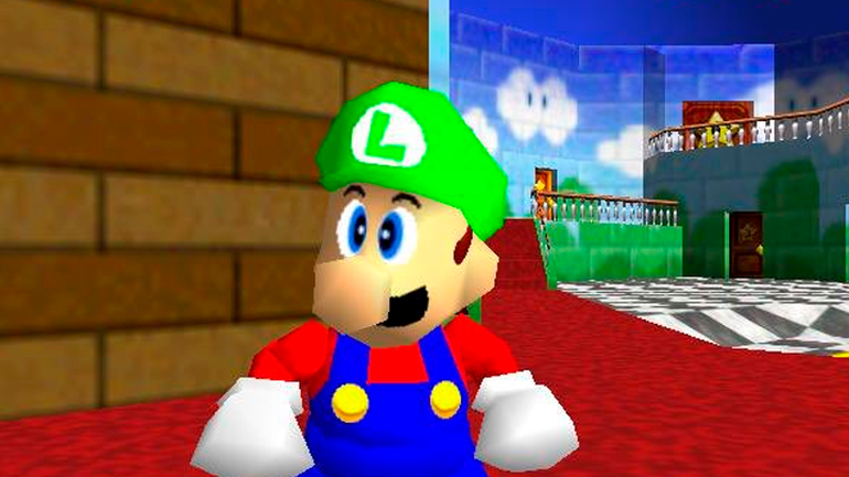 Imagem mostra Mario em Super Mario 64 com a cabeça de Luigi
