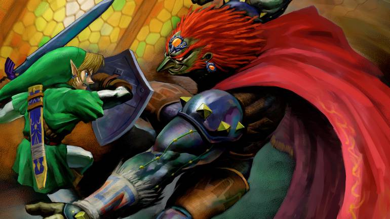 Arte oficial de Zelda Ocarina of Time, em que Link enfrenta Ganondorf.