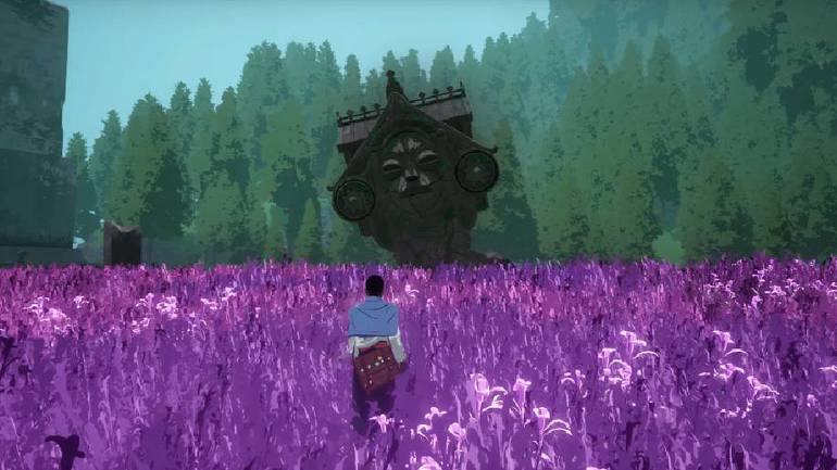 Cena do trailer de Season: A Letter to the Future, em que a protagonista se encontra em um campo de flores roxa com uma estranha estrutura de madeira em formato de cabeça ao fundo. 