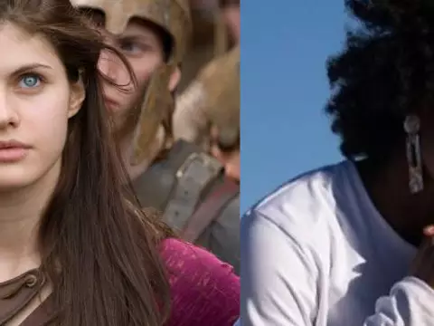 Alexandra Daddario como Annabeth em Percy Jackson, e a atriz Leah Jeffries (Reprodução/Montagem Omelete)