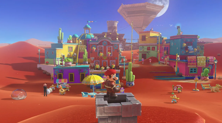 Mario observa o deserto de Sand Kingdom.