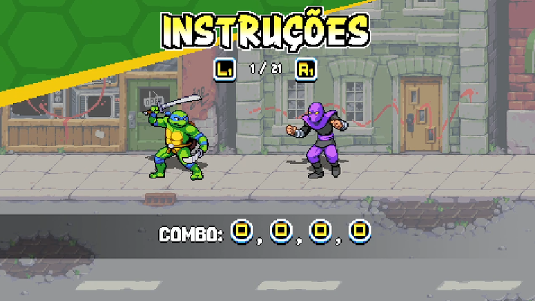 Imagem do menu de instruções com todos os comandos disponíveis em Tartarugas Ninja Shredder's Revenge