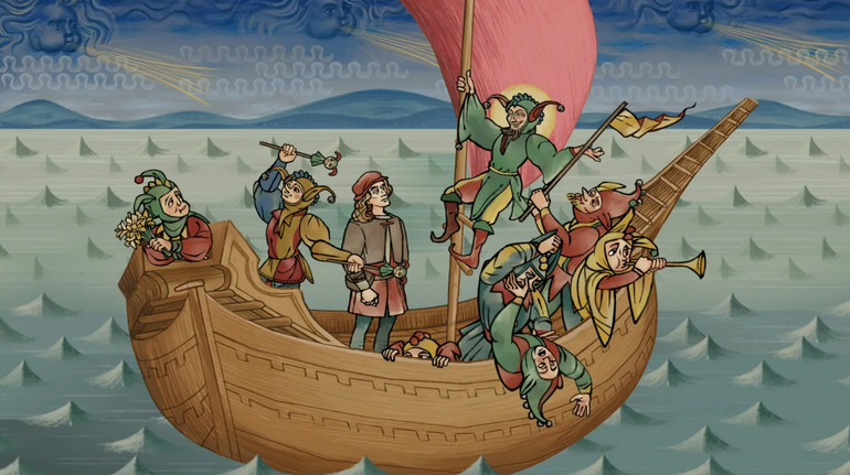 Imagem de Pentiment mostra um grupo de quatro homens dentro de uma embarcação no mar. O estilo artistico do jogo lembra o de uma pintura em pergaminho do período medieval. 