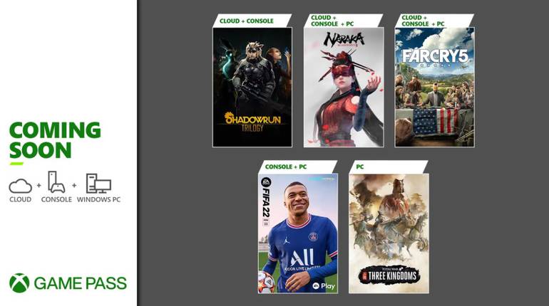 Imagem de divulgação dos novos títulos do Xbox Game Pass informa que Shadowrun Trilogy, Total War: Three Kingdoms, FIFA 22, Naraka: Bladepoint e Far Cry 5 estão chegando ao catálogo. 