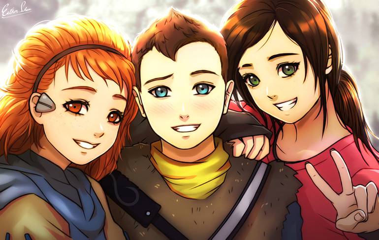 Aloy, Atreus e Ellie juntos.