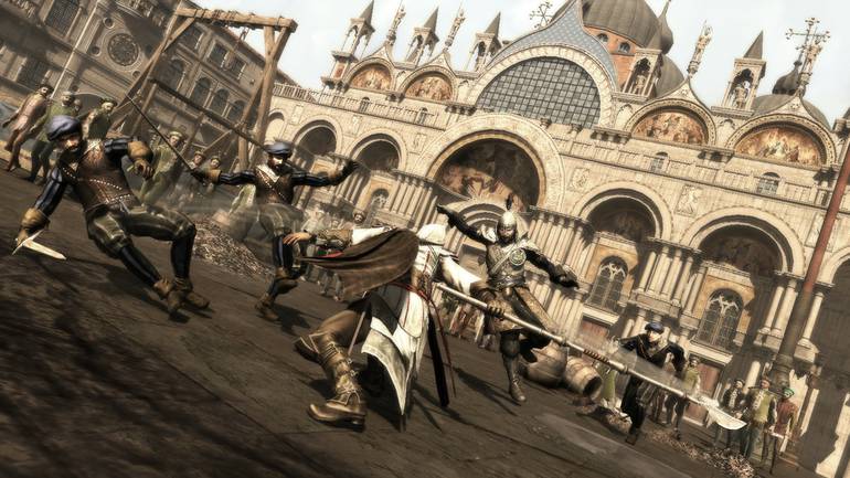 Ezio usa lança para lutar.