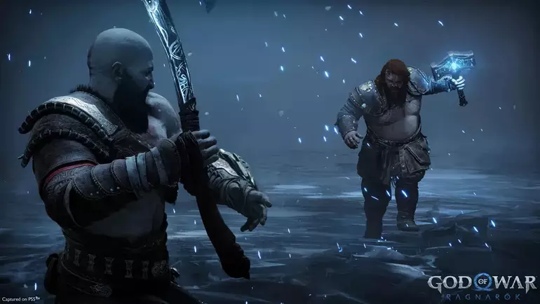 Kratos enfrentar Thor na neve.