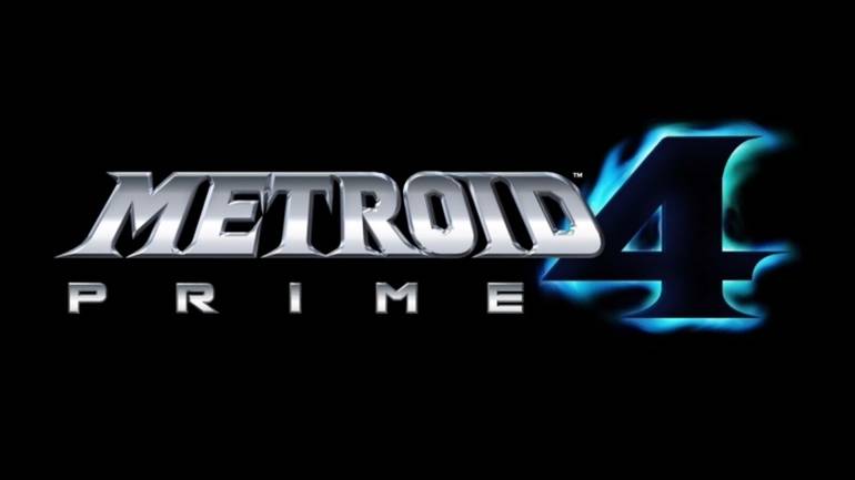 Logo de Metroid Prime 4, com letras em cinza claro. O número 4 está na cor azul e o fundo da imagem é preta. 