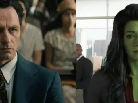 Matthew Rhys como Perry Mason e Tatiana Maslany como a Mulher-Hulk (Reprodução/Montagem Omelete)