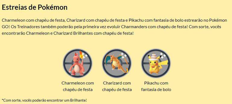 Imagem de divulgação do evento de seis anos de Pokémon GO mostra Charizard e Charmeleon de chapéu de festa e Pikachu com fantasia de bolo