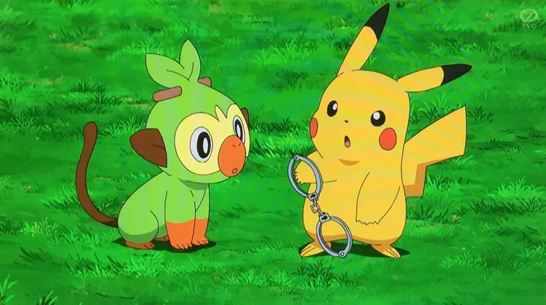 Pokemon anime picture shows pikachu and grooky