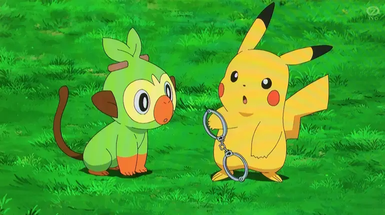 Imagem do anime de Pokemon mostra Pikachu e Grookey