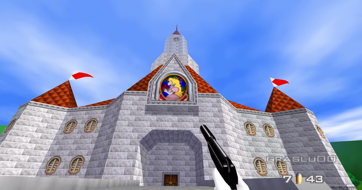 A imagem ilustra o interior do castelo no jogo Mario 64 [Nintendo