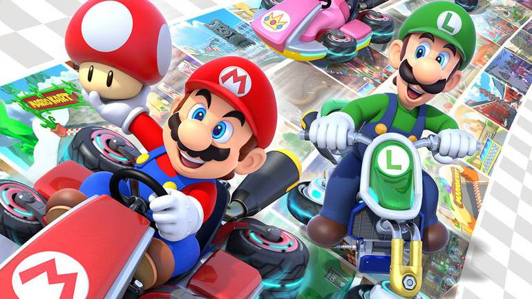 Imagem de divulgação do DLC Booster Course Expansion de Mario Kart 8 Deluxe mostra Mario e Luigi sorridentes correndo em seus karts