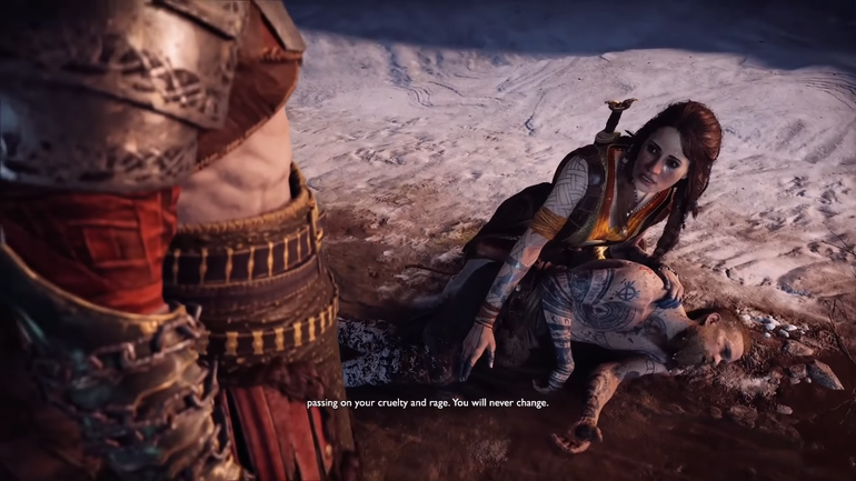 Imagem de gameplay de God of War (2018), com Freya, Baldur e Kratos