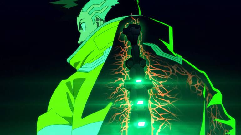 Imagem de Cyberpunk: Mercenários, anime da Netflix, mostra o protagonista David, de costas, com uma prótese cibernetica na coluna