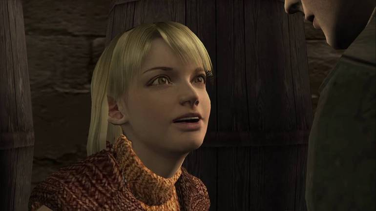 A scene from Resident Evil 4 where Ashley, a white girl with short blonde hair, talks to Leon 