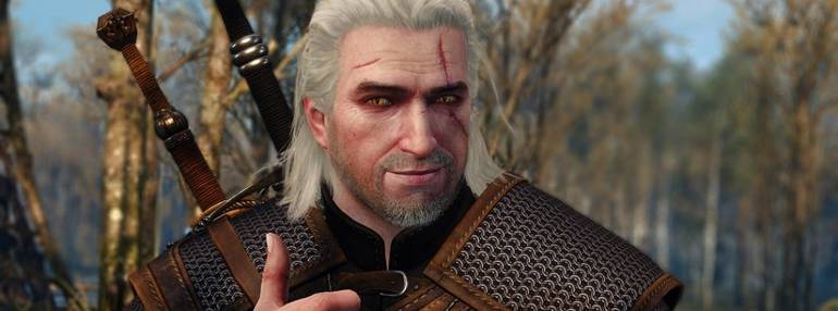 Geralt em The Witcher, sorrindo.