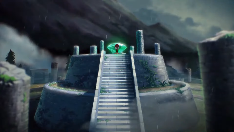 Prévia do curta de animação Sonic Frontiers: Prologue mostra Knuckles em cima de uma escadaria branca. Atrás dele, se encontra um cristal gigante. 