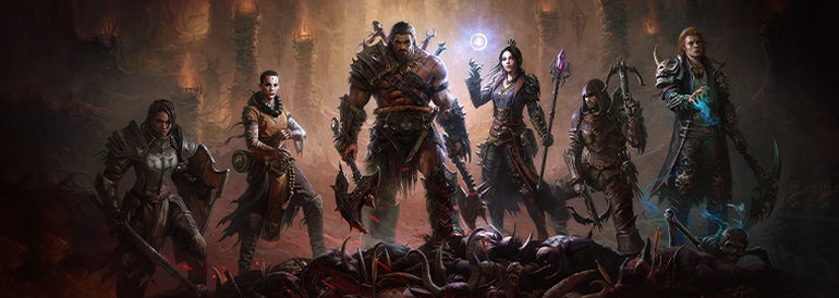 As Classes de Diablo Immortal, da esquerda para a direita: Cruzado, Monge, Bárbaro, Arcanista, Caçador de Demônios e Necromante.