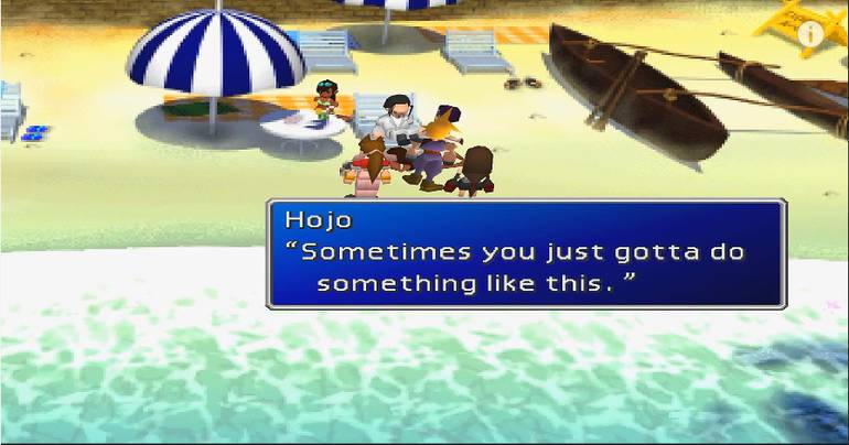 Imagem de um trecho de Costa del Sol em Final Fantasy 7 de PS1 com todos os personagens do grupo: Cloud, Aertith,Tifa, Barret, Yuffie, Red XIII