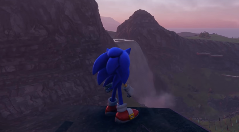 Sonic observa uma cachoeira distante do topo da montanha.