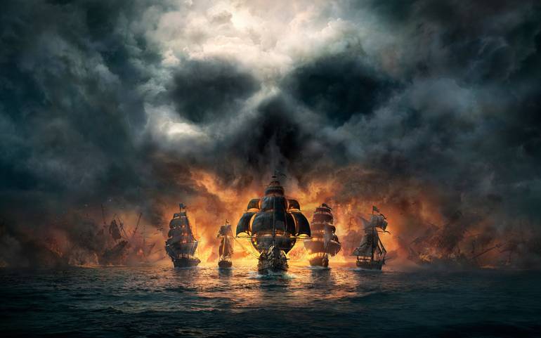 Imagem de divulgação de Skull and Bones mostra cinco barcos piratas em alto mar. Atrás deles está uma nuvem de fumaça em formato de caveira.